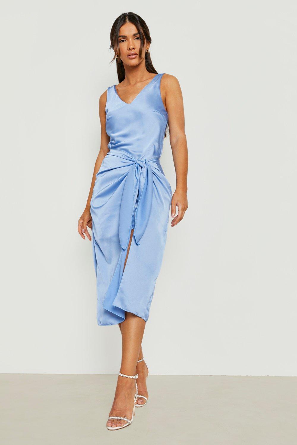 Light blue satin wrap dress sale